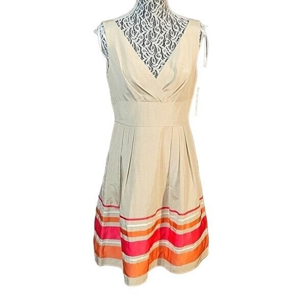 Julia‎ Jordan Sleeveless V Neck Striped Hem Dress Size 8 Beige Pink Orange